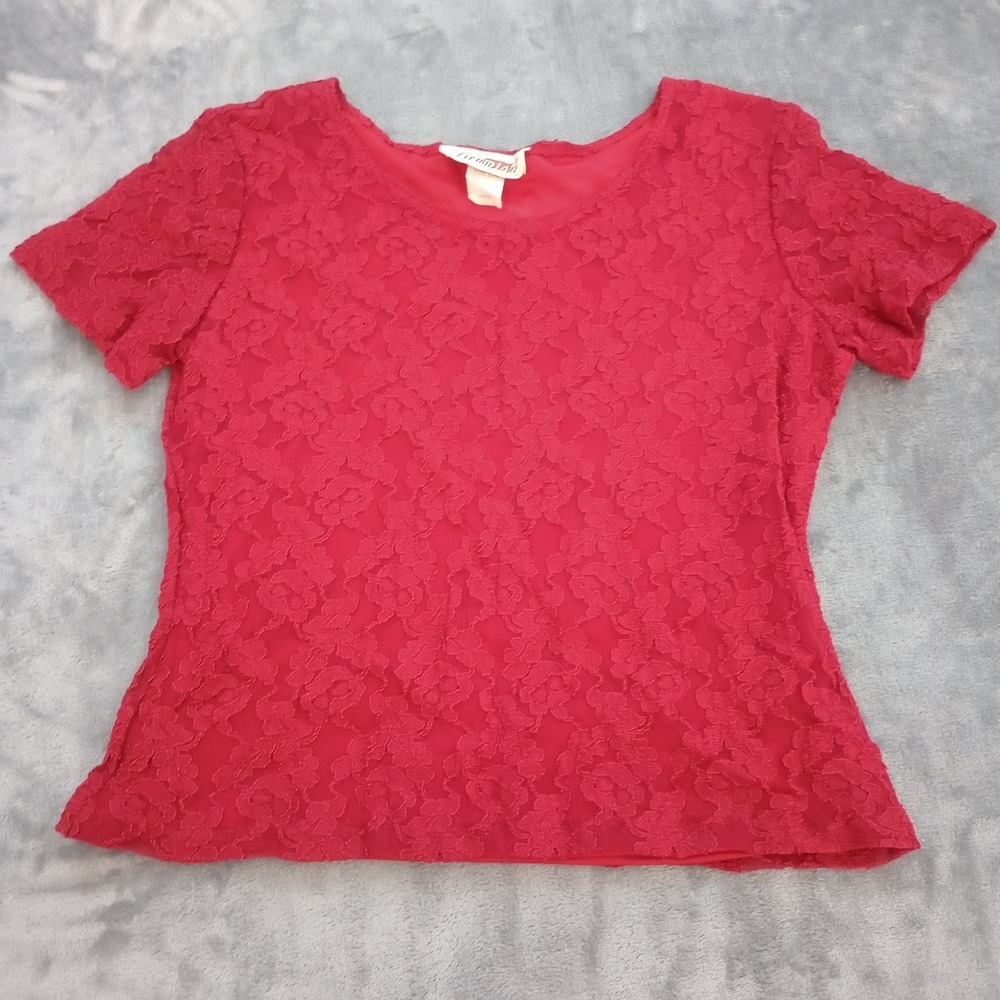 Vintage Lace Overlay Blouse Shirt Top Womens Size Large‎ Red USA Stretch Holiday
